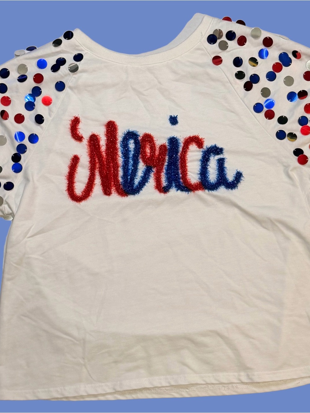 BiBi White Short Sleeve PatrioticTee with Red & Blue 'Merica Script and Sequins